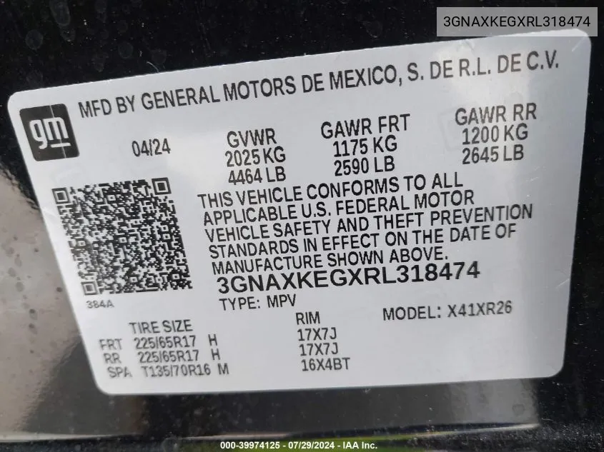 2024 Chevrolet Equinox Fwd Lt VIN: 3GNAXKEGXRL318474 Lot: 39974125