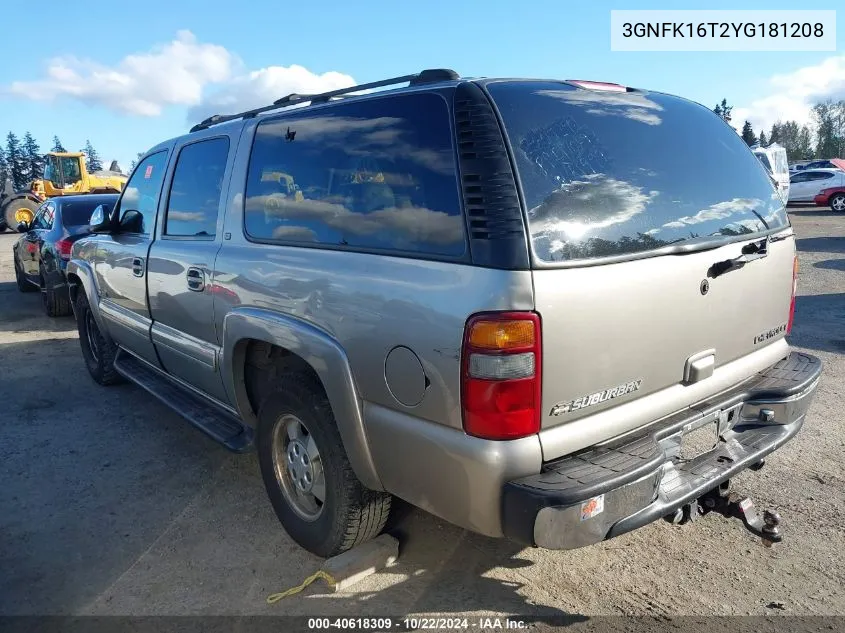 2000 Chevrolet Suburban 1500 Lt VIN: 3GNFK16T2YG181208 Lot: 40618309