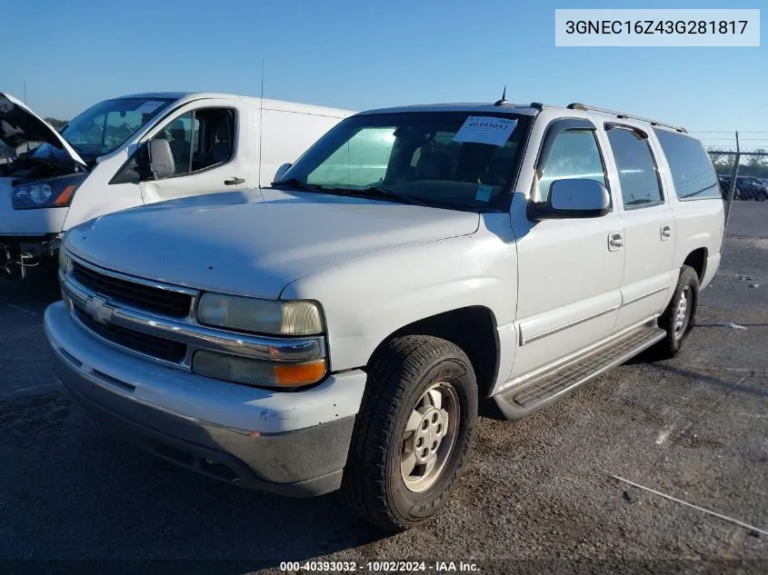 2003 Chevrolet Suburban 1500 Lt VIN: 3GNEC16Z43G281817 Lot: 40393032