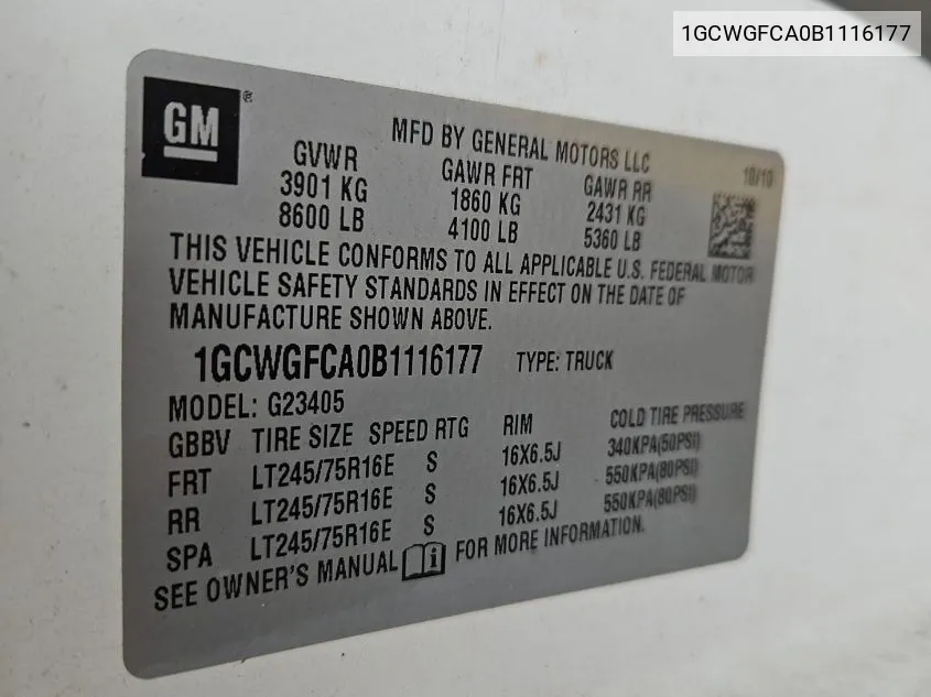 1GCWGFCA0B1116177 2011 Chevrolet Express G2500