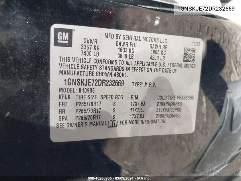 1GNSKJE72DR232669 2013 Chevrolet Suburban 1500 Lt