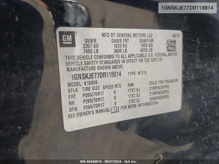 1GNSKJE77DR118814 2013 Chevrolet Suburban 1500 Lt