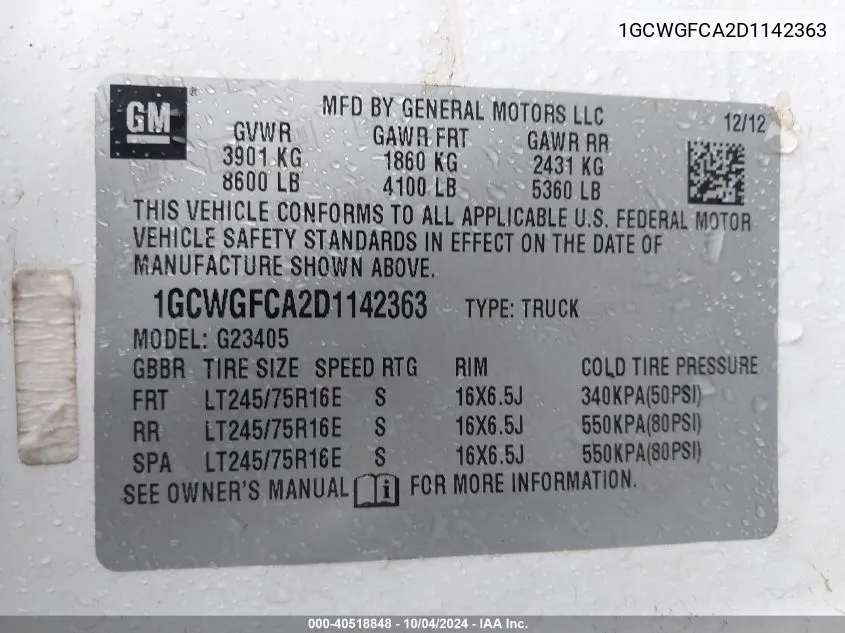 1GCWGFCA2D1142363 2013 Chevrolet Express 2500 Work Van