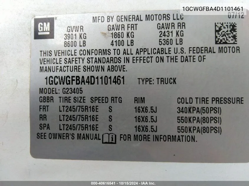 1GCWGFBA4D1101461 2013 Chevrolet Express 2500 Work Van