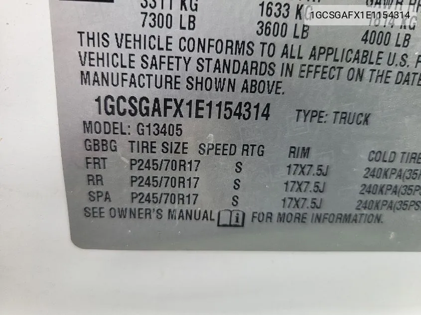 1GCSGAFX1E1154314 2014 Chevrolet Express G1500