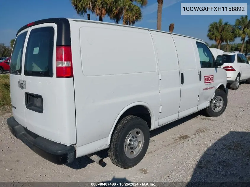 2017 Chevrolet Express 2500 Work Van VIN: 1GCWGAFFXH1158892 Lot: 40487498