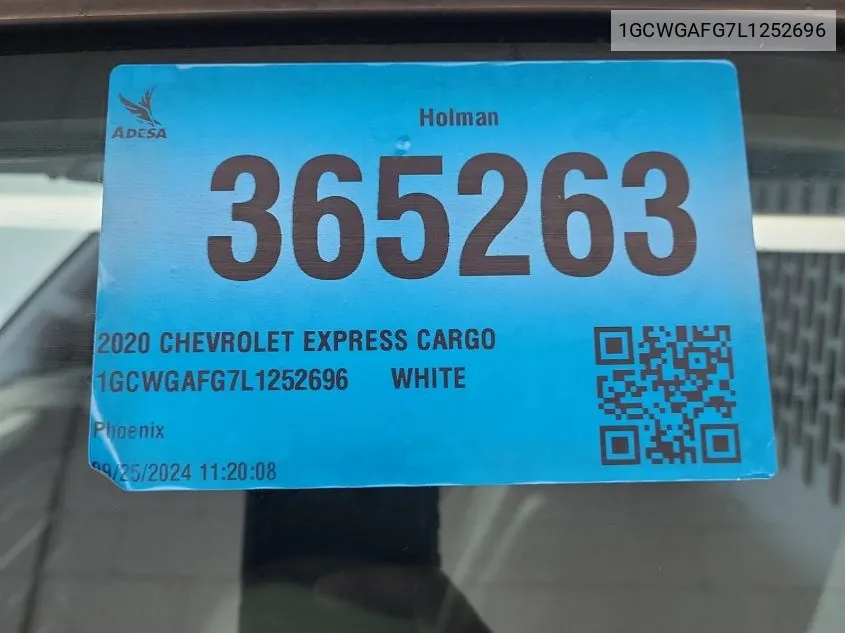2020 Chevrolet Express Cargo Rwd 2500 Regular Wheelbase Wt VIN: 1GCWGAFG7L1252696 Lot: 40733510