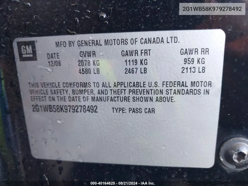 2G1WB58K979278492 2007 Chevrolet Impala Ls