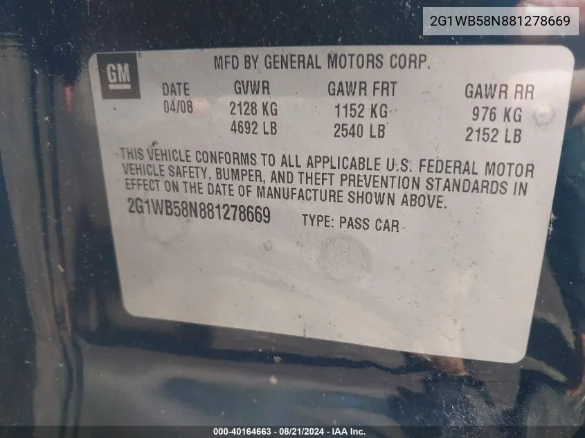 2G1WB58N881278669 2008 Chevrolet Impala Ls