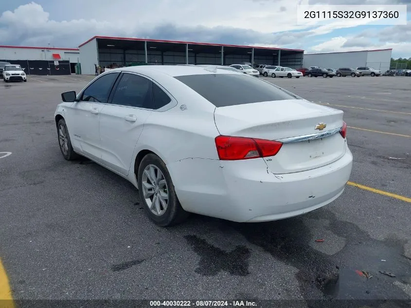 2016 Chevrolet Impala 2Lt VIN: 2G1115S32G9137360 Lot: 40030222