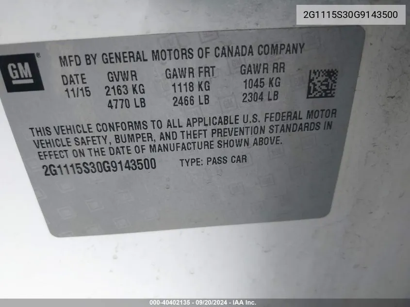 2G1115S30G9143500 2016 Chevrolet Impala 2Lt