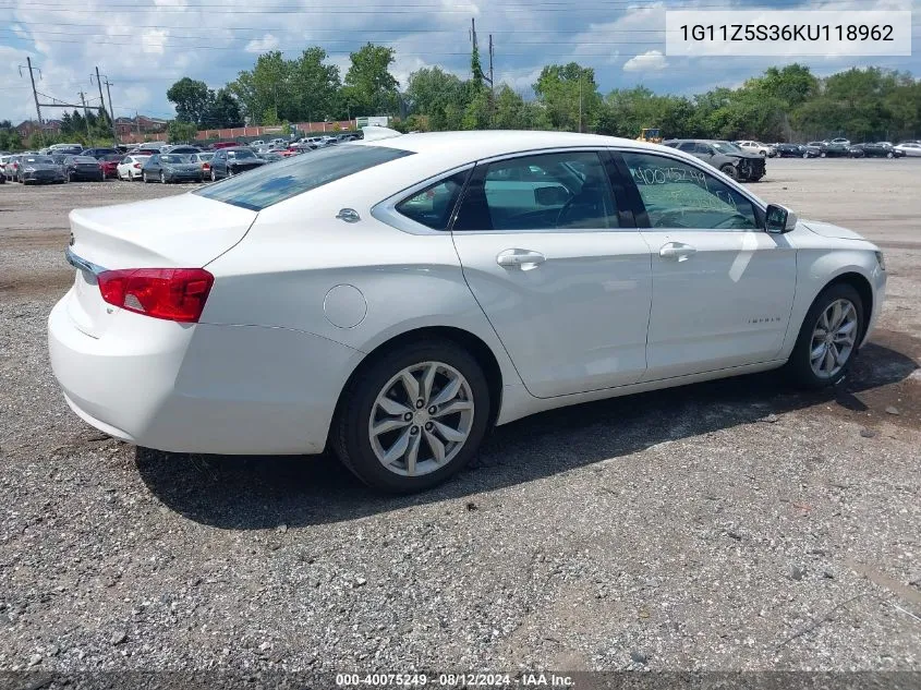 2019 Chevrolet Impala Lt VIN: 1G11Z5S36KU118962 Lot: 40075249