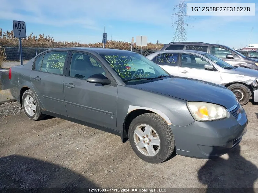 2007 Chevrolet Malibu VIN: 1G1ZS58F27F316278 Lot: 12151603