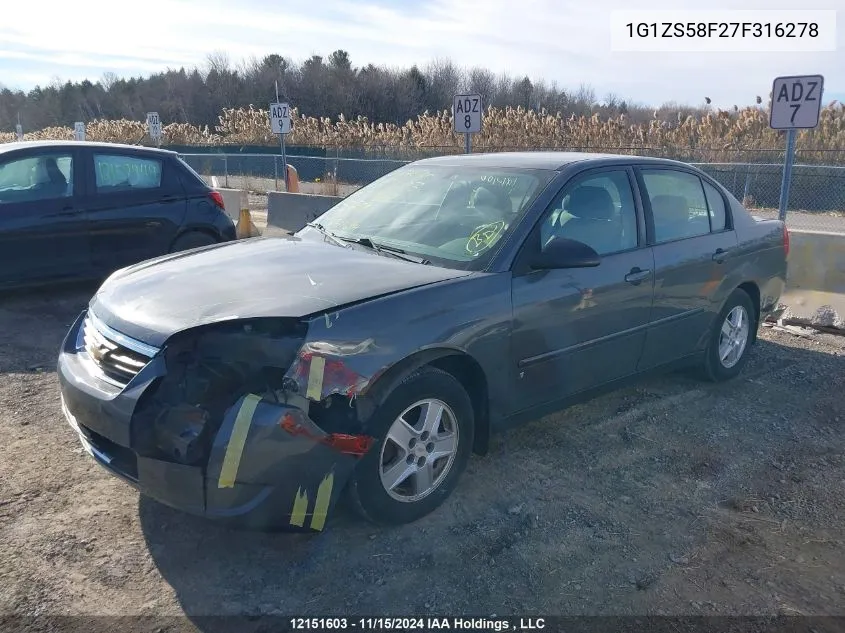 2007 Chevrolet Malibu VIN: 1G1ZS58F27F316278 Lot: 12151603