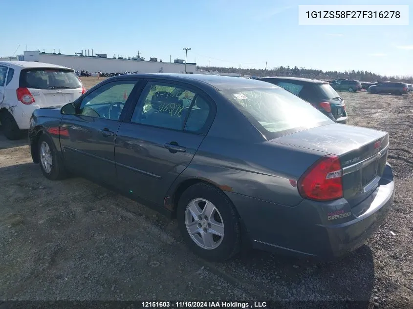 2007 Chevrolet Malibu VIN: 1G1ZS58F27F316278 Lot: 12151603