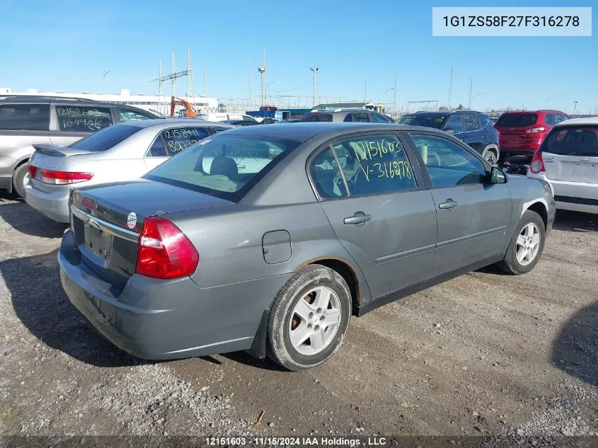 2007 Chevrolet Malibu VIN: 1G1ZS58F27F316278 Lot: 12151603