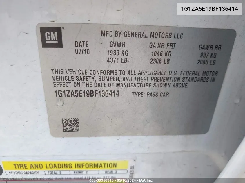 1G1ZA5E19BF136414 2011 Chevrolet Malibu Ls