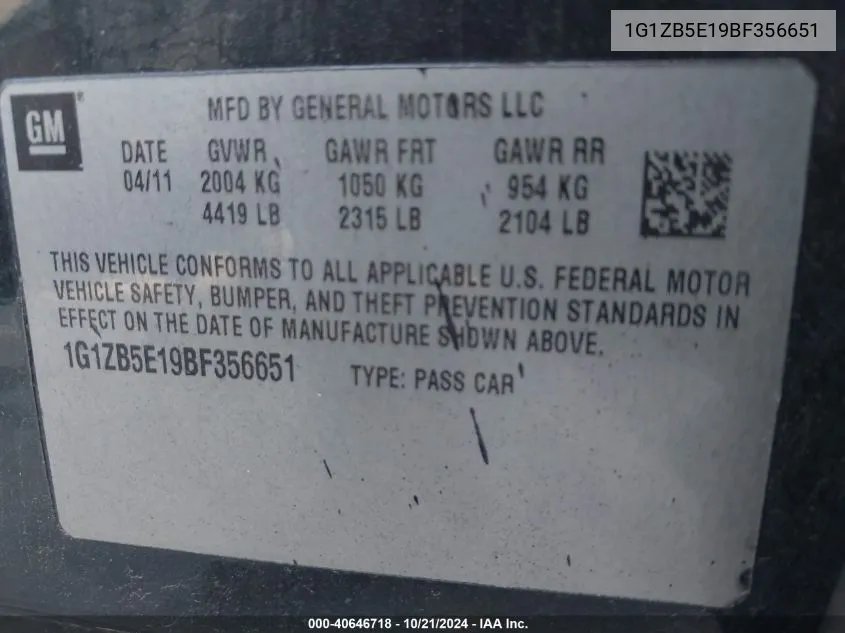 1G1ZB5E19BF356651 2011 Chevrolet Malibu Ls