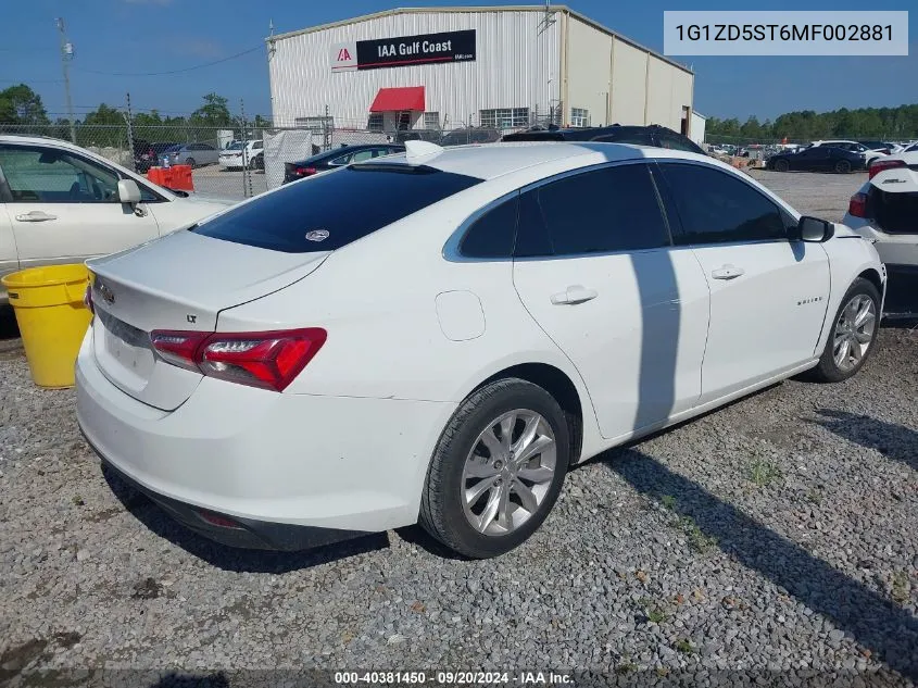 2021 Chevrolet Malibu Lt VIN: 1G1ZD5ST6MF002881 Lot: 40381450