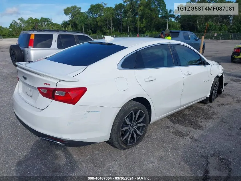 2021 Chevrolet Malibu Rs VIN: 1G1ZG5ST4MF087081 Lot: 40467054