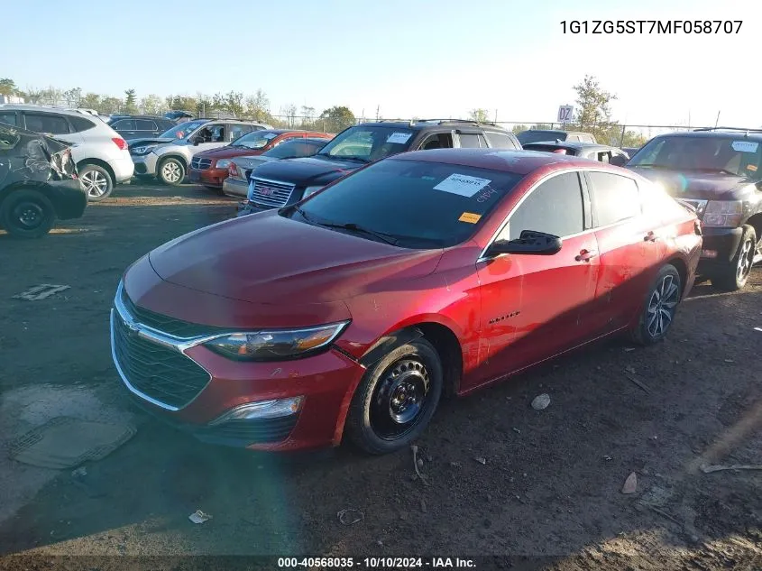 2021 Chevrolet Malibu Fwd Rs VIN: 1G1ZG5ST7MF058707 Lot: 40568035