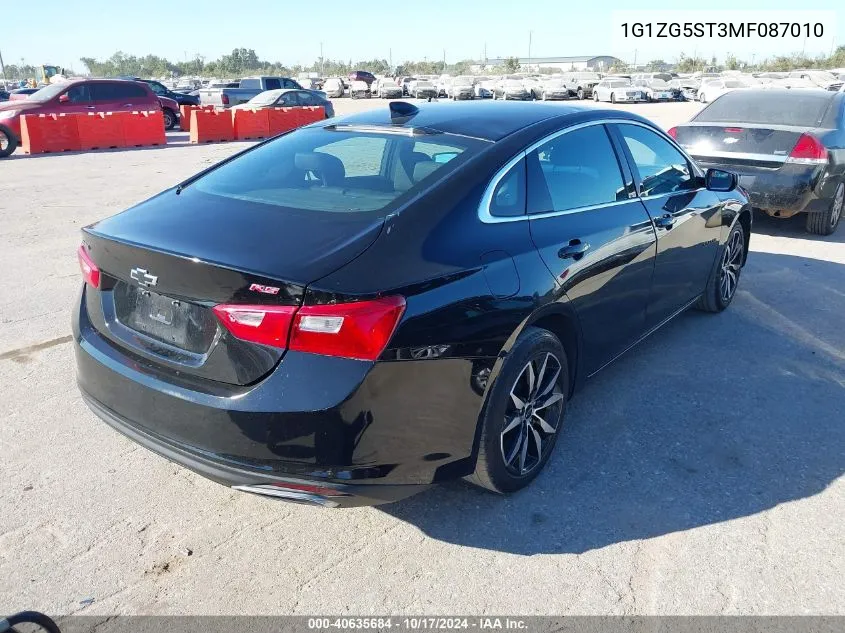 2021 Chevrolet Malibu Rs VIN: 1G1ZG5ST3MF087010 Lot: 40635684