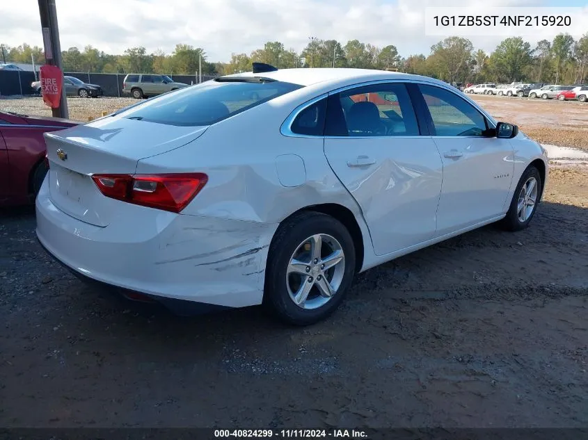 2022 Chevrolet Malibu Fwd Ls VIN: 1G1ZB5ST4NF215920 Lot: 40824299