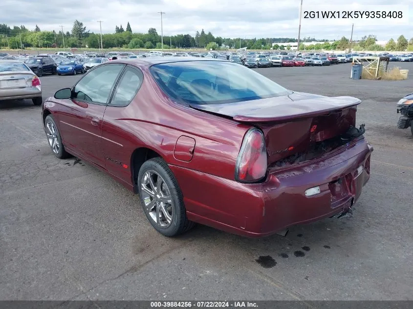 2000 Chevrolet Monte Carlo Ss VIN: 2G1WX12K5Y9358408 Lot: 39884256