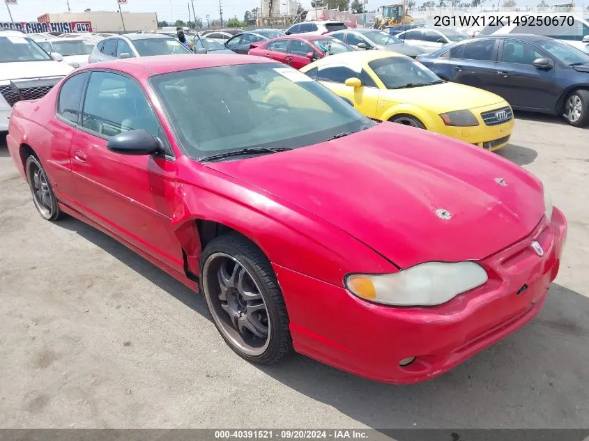 2004 Chevrolet Monte Carlo Ss VIN: 2G1WX12K149250670 Lot: 40391521