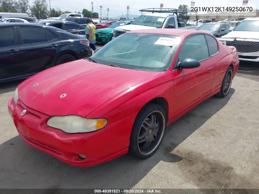 2004 Chevrolet Monte Carlo Ss VIN: 2G1WX12K149250670 Lot: 40391521