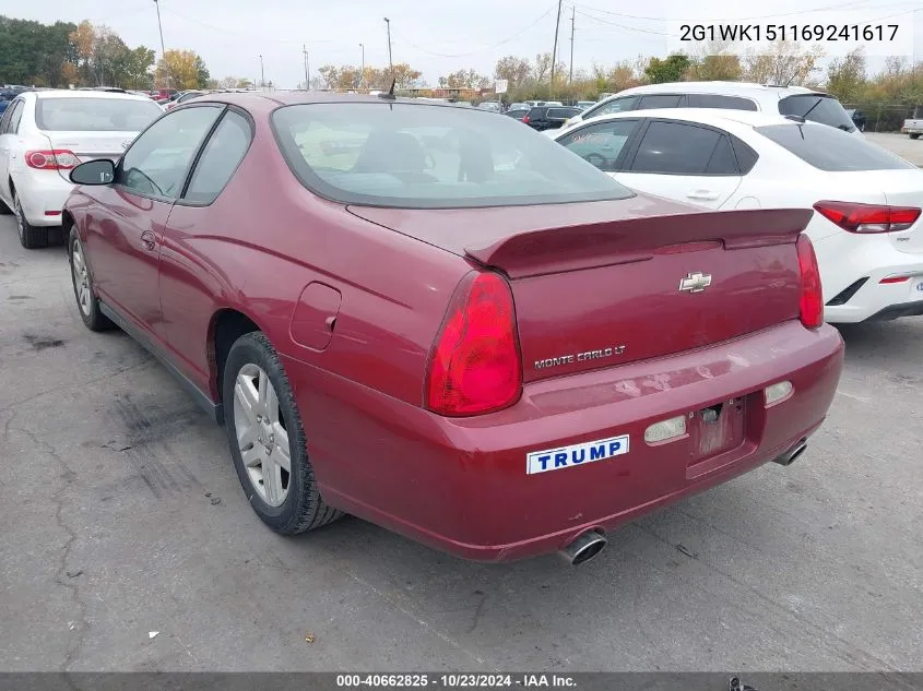 2006 Chevrolet Monte Carlo Lt VIN: 2G1WK151169241617 Lot: 40662825