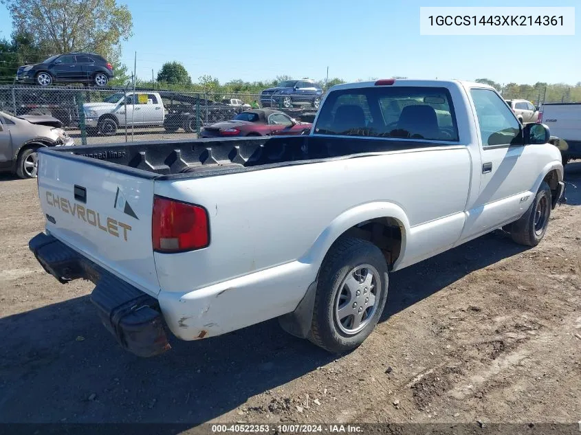 1999 Chevrolet S-10 VIN: 1GCCS1443XK214361 Lot: 40522353