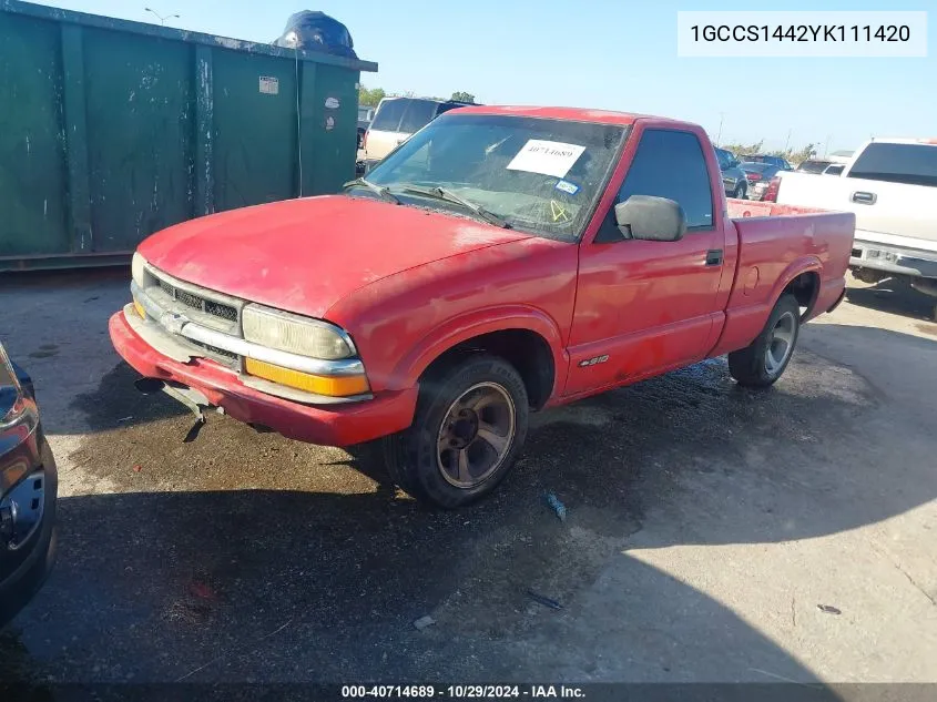 2000 Chevrolet S-10 Ls VIN: 1GCCS1442YK111420 Lot: 40714689