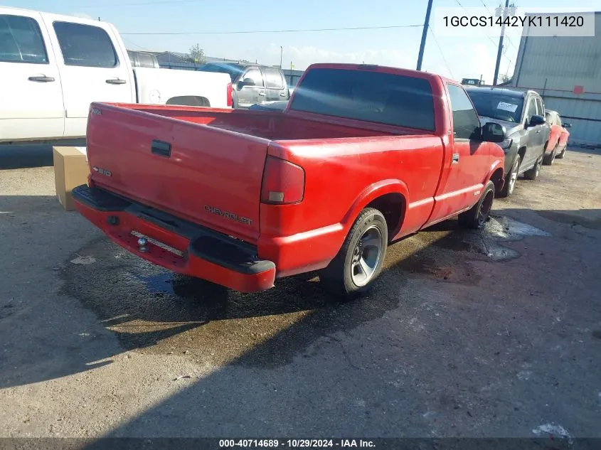 2000 Chevrolet S-10 Ls VIN: 1GCCS1442YK111420 Lot: 40714689