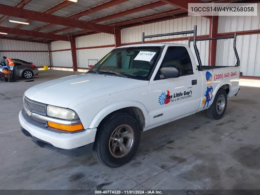 2000 Chevrolet S-10 Ls VIN: 1GCCS14W4YK268058 Lot: 40774320