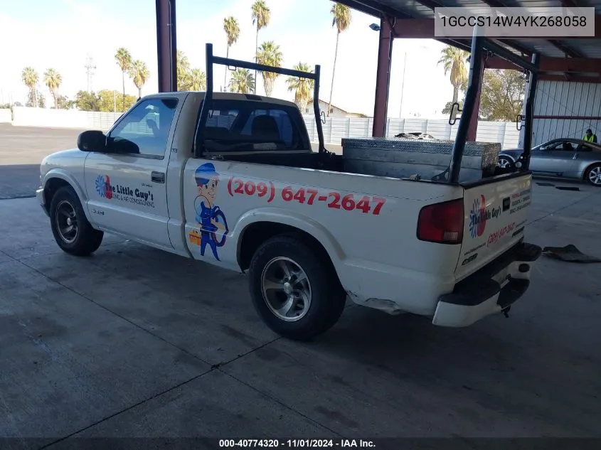 2000 Chevrolet S-10 Ls VIN: 1GCCS14W4YK268058 Lot: 40774320