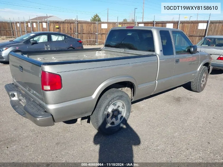 2000 Chevrolet S-10 Ls VIN: 1GCDT19WXY8158610 Lot: 40889964