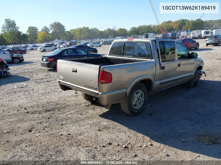 2002 Chevrolet S-10 S10 VIN: 1GCDT13W62K189419 Lot: 40550843