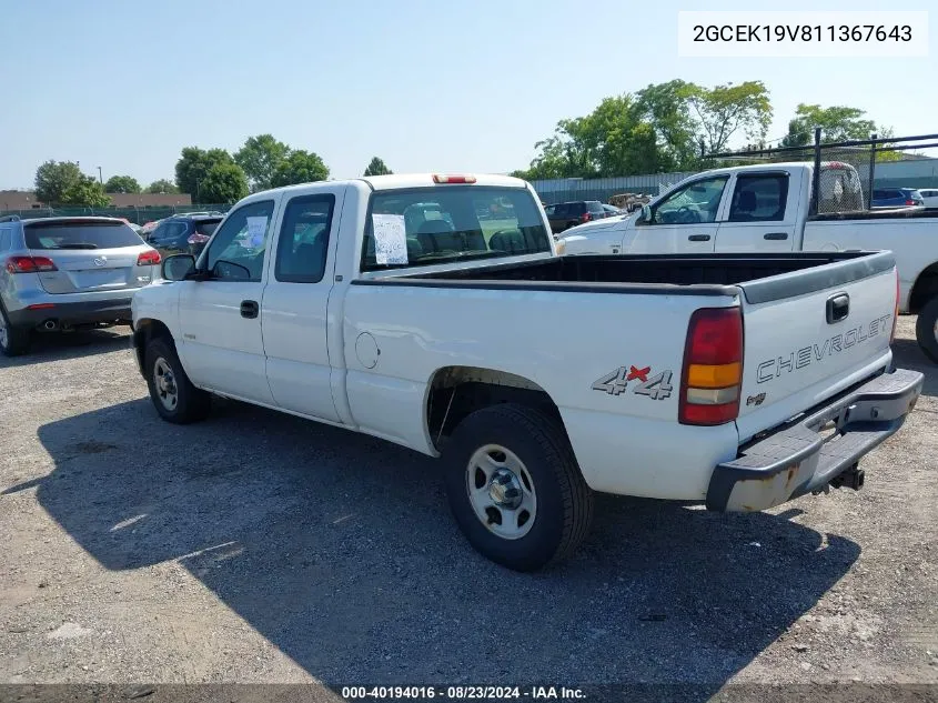 2001 Chevrolet Silverado 1500 VIN: 2GCEK19V811367643 Lot: 40194016