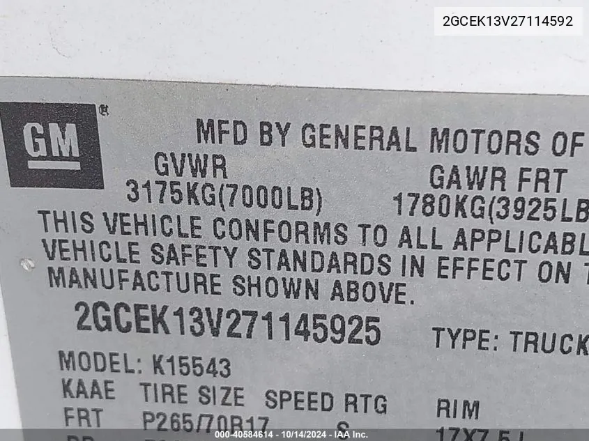 2GCEK13V27114592 2007 Chevrolet Silverado K1500 Classic Crew Cab