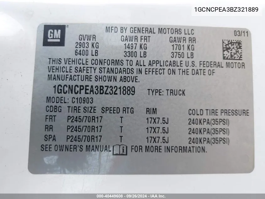 1GCNCPEA3BZ321889 2011 Chevrolet Silverado