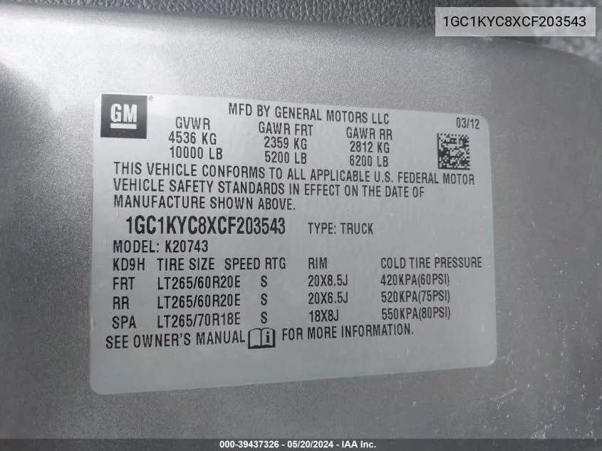 1GC1KYC8XCF203543 2012 Chevrolet Silverado 2500Hd Ltz