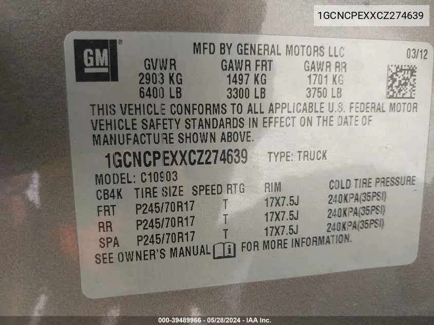 1GCNCPEXXCZ274639 2012 Chevrolet Silverado 1500 Work Truck