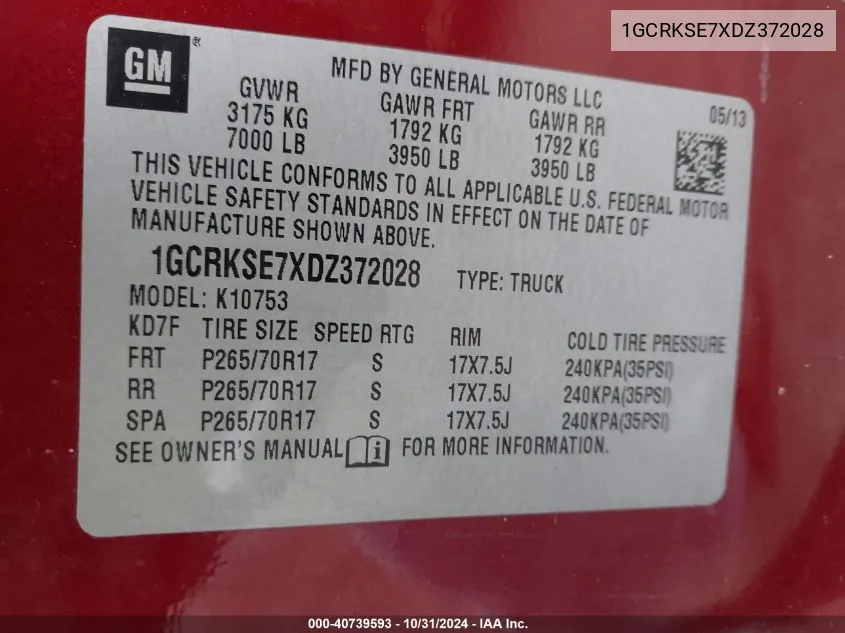 1GCRKSE7XDZ372028 2013 Chevrolet Silverado 1500 Lt