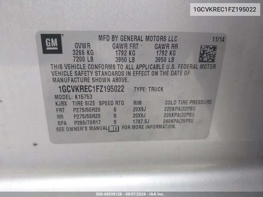 1GCVKREC1FZ195022 2015 Chevrolet Silverado 1500 1Lt