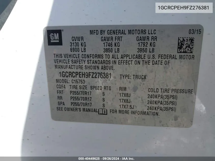 1GCRCPEH9FZ276381 2015 Chevrolet Silverado