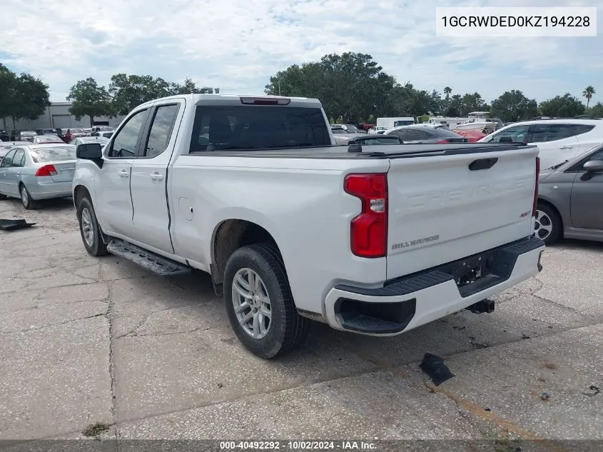 2019 Chevrolet Silverado 1500 Rst VIN: 1GCRWDED0KZ194228 Lot: 40492292