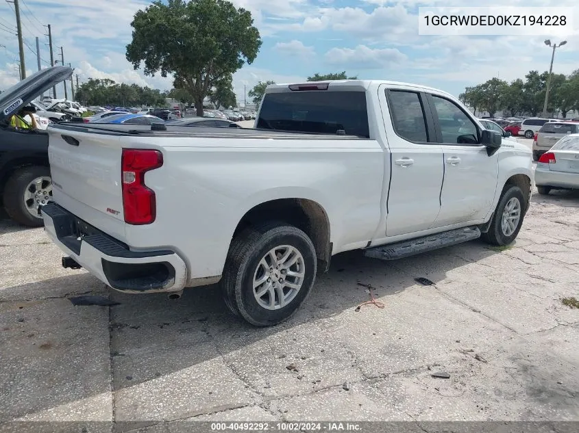 2019 Chevrolet Silverado 1500 Rst VIN: 1GCRWDED0KZ194228 Lot: 40492292