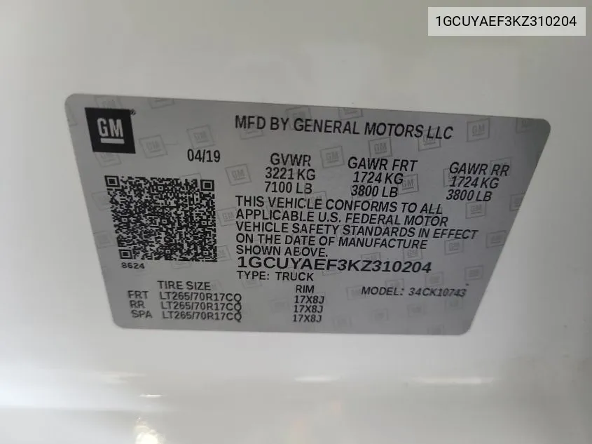 1GCUYAEF3KZ310204 2019 Chevrolet Silverado K1500