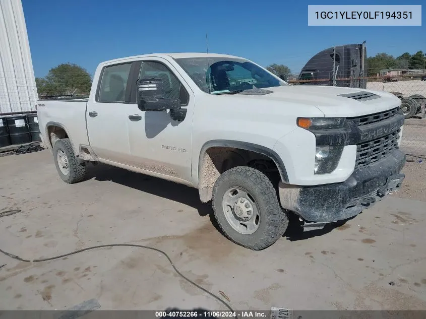 2020 Chevrolet Silverado 2500Hd 4Wd Standard Bed Wt VIN: 1GC1YLEY0LF194351 Lot: 40752266